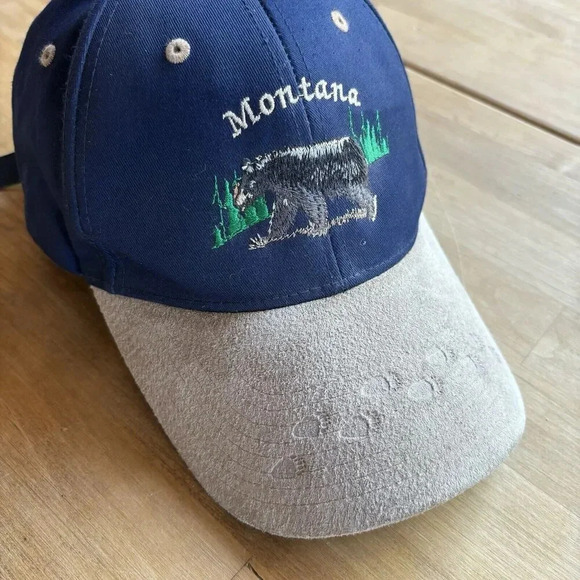 Vintage Montana Hat Cap Strap Back Blue Suede Brim Embroidered Bear Paw Prints - Picture 1 of 6
